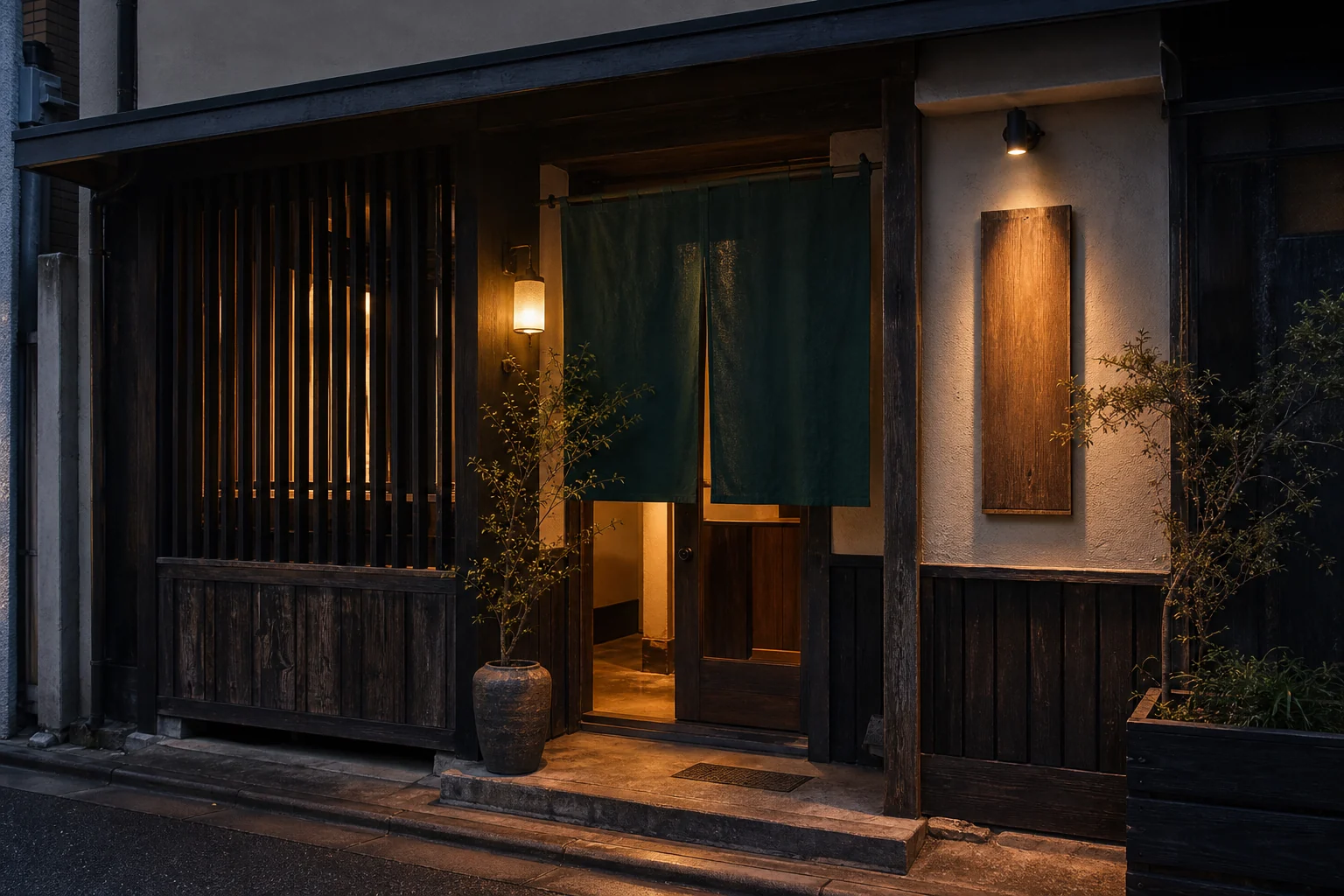深緑の暖簾と木格子を設えた店舗入口