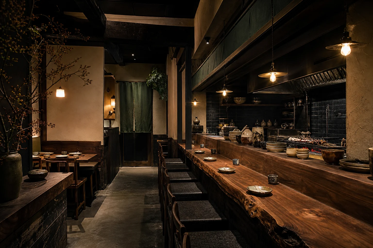 暖色の照明が灯る灯り酒場ひなたの和モダンな店内