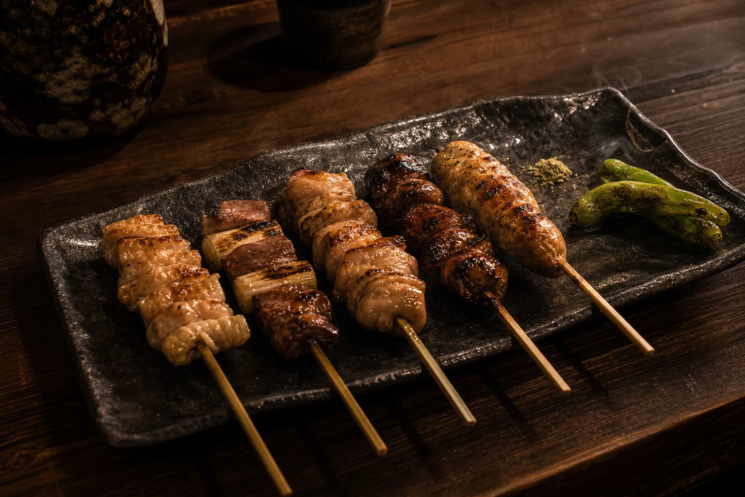 黒い器に盛り付けた炭火焼き鳥5本盛り